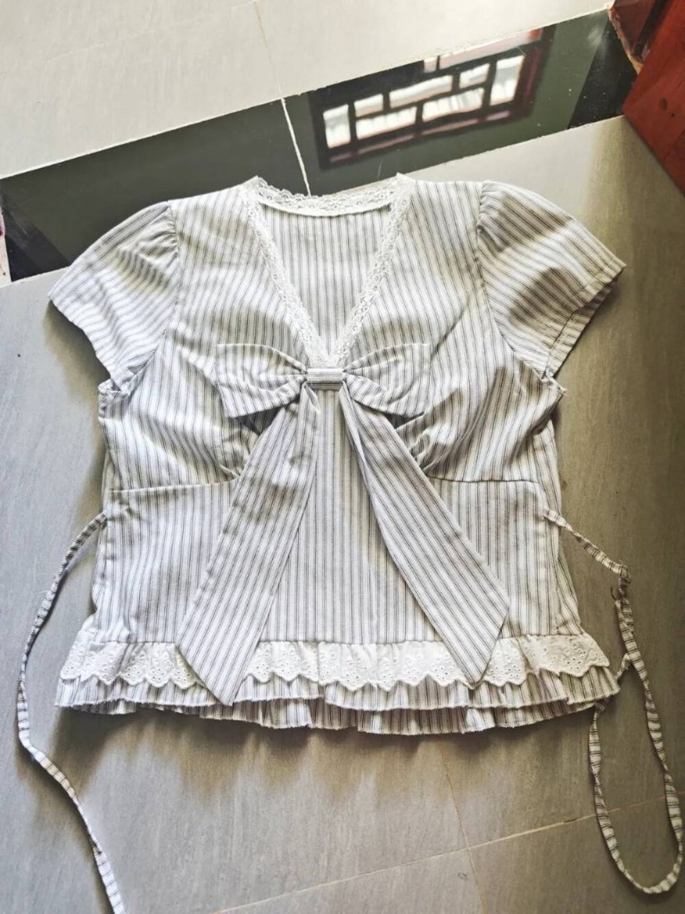 Beige Striped Bow Blouse - Picture 2 of 3